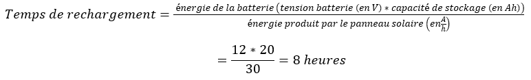 formule calcul temps de rechargement panneau solaire